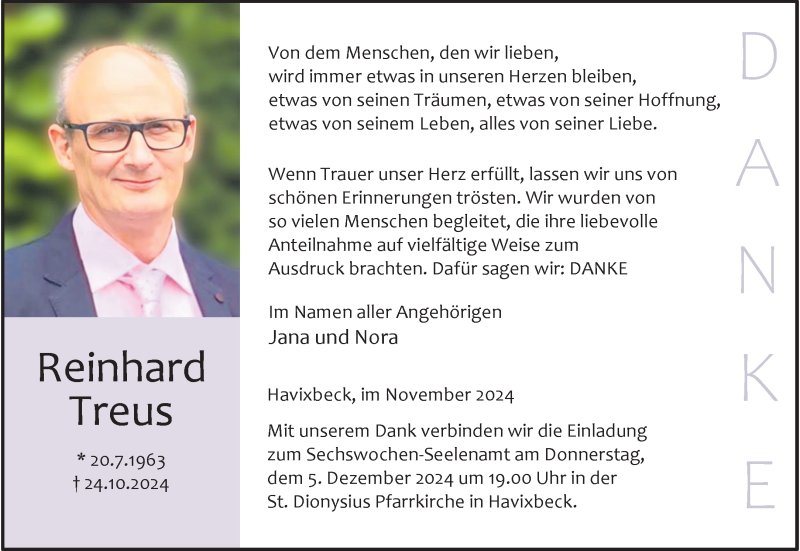  Traueranzeige für Reinhard Treus vom 30.11.2024 aus 
