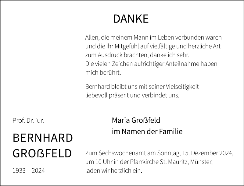  Traueranzeige für Prof. Dr. iur. Bernhard Grofeld vom 09.11.2024 aus 