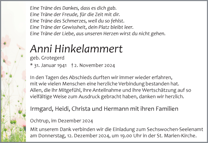  Traueranzeige für Anni Hinkelammert vom 27.11.2024 aus 