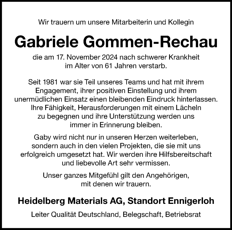  Traueranzeige für Gabriele Gommen-Rechau vom 30.11.2024 aus 