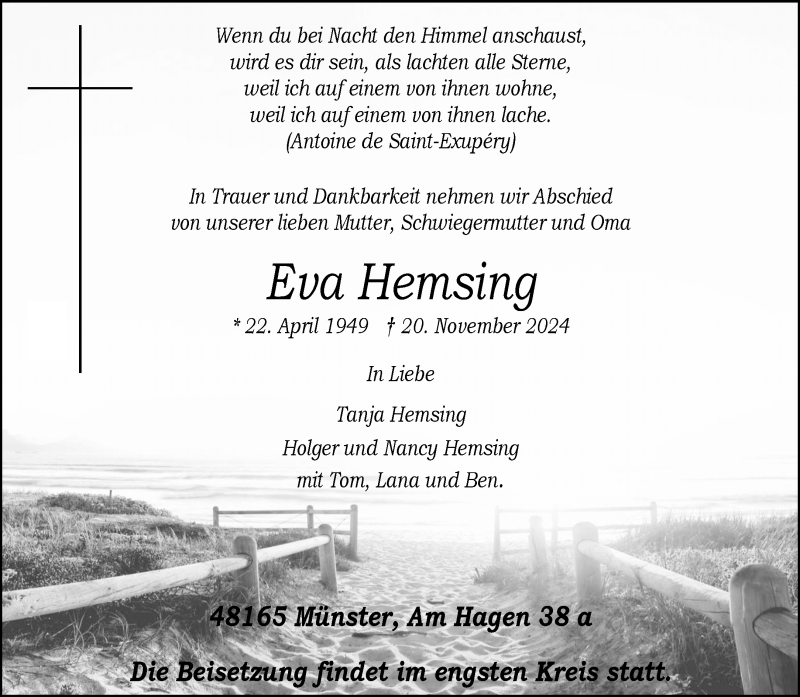  Traueranzeige für Eva Hemsing vom 23.11.2024 aus 