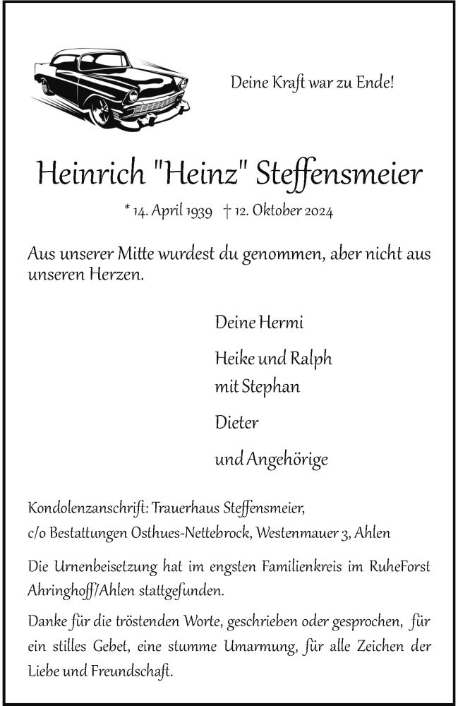  Traueranzeige für Heinrich Steffensmeier vom 09.11.2024 aus Westfälische Nachrichten