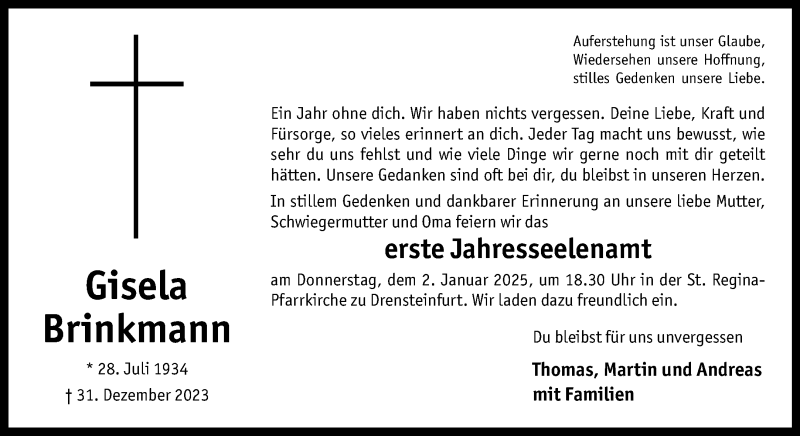  Traueranzeige für Gisela Brinkmann vom 28.12.2024 aus 