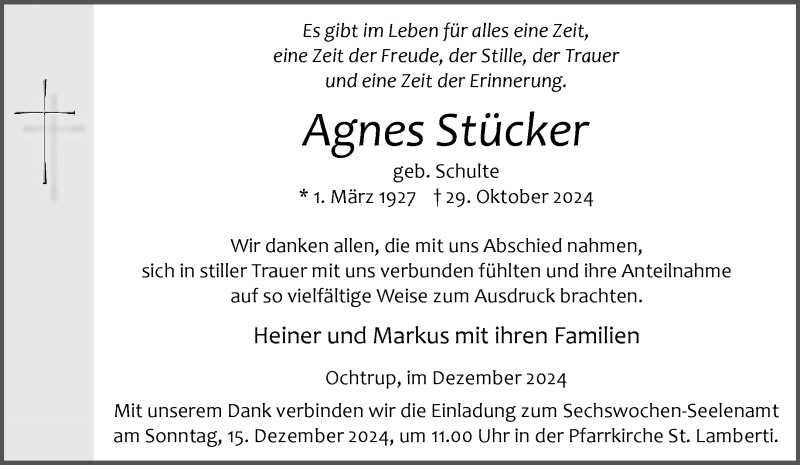  Traueranzeige für Agnes  Stücker  vom 11.12.2024 aus 