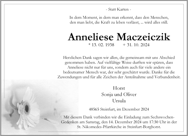  Traueranzeige für Anneliese Maczeiczik vom 07.12.2024 aus 