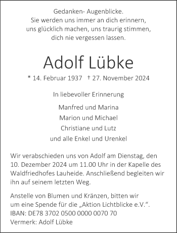 Anzeige von Adolf Lübke 
