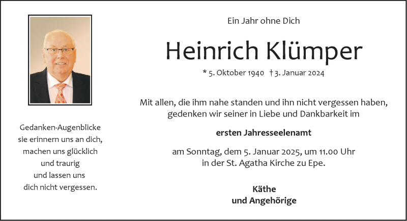  Traueranzeige für Heinrich Klümper vom 28.12.2024 aus 