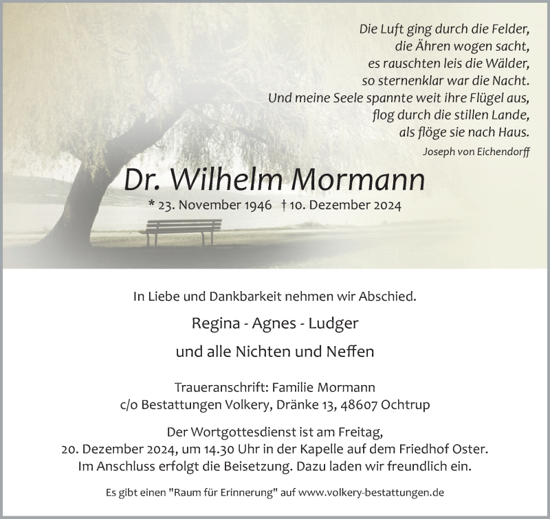  Traueranzeige für Wilhelm Mormann vom 18.12.2024 aus 