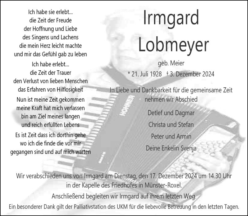  Traueranzeige für Irmgard Lobmeyer vom 14.12.2024 aus 
