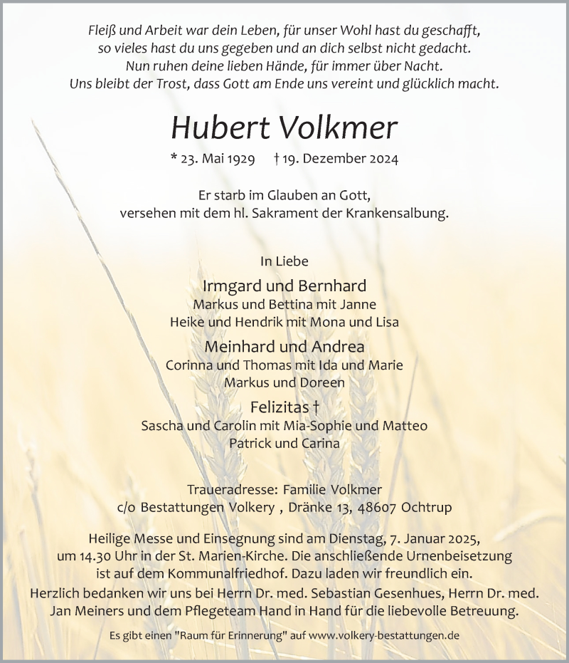  Traueranzeige für Hubert Volkmer vom 21.12.2024 aus 