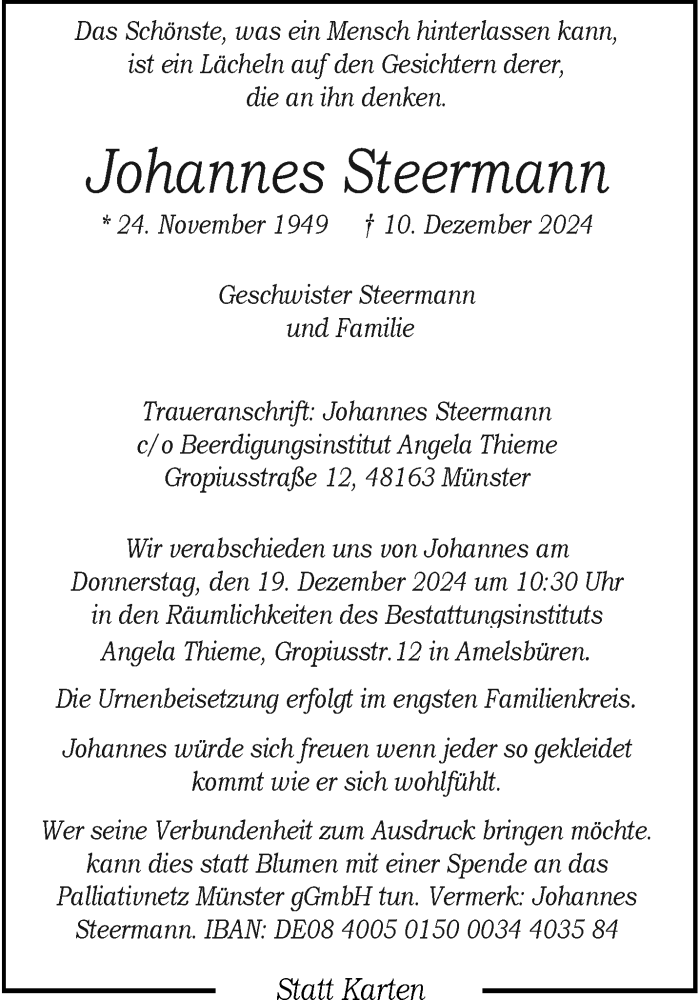  Traueranzeige für Johannes Steermann vom 14.12.2024 aus 