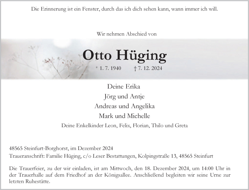  Traueranzeige für Otto Hüging vom 14.12.2024 aus 