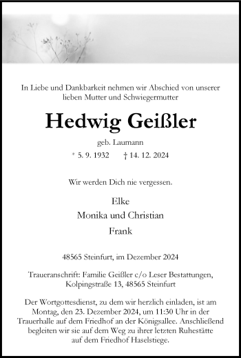 Anzeige von Hedwig Geißler 