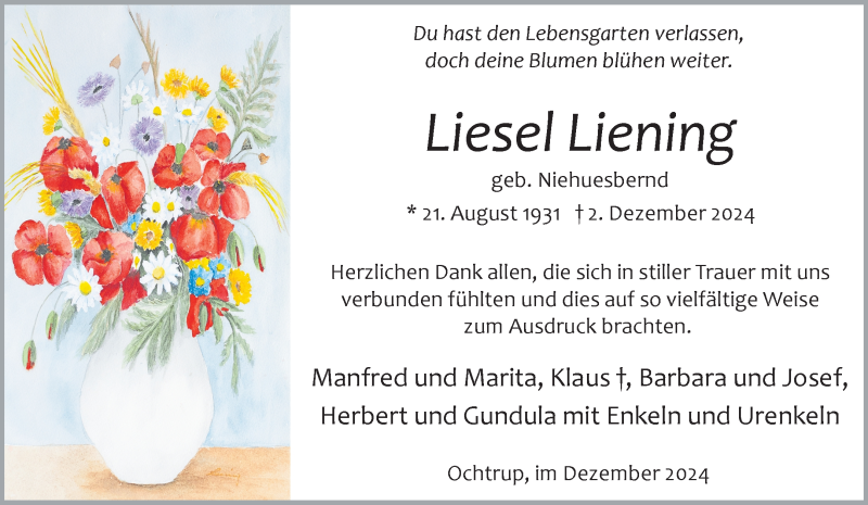  Traueranzeige für Liesel Liening vom 23.12.2024 aus 