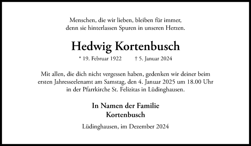  Traueranzeige für Hedwig Kortenbusch vom 28.12.2024 aus 