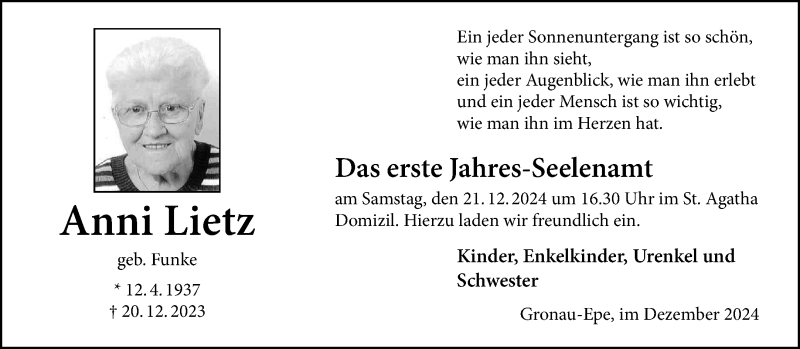  Traueranzeige für Anní Lietz vom 18.12.2024 aus 