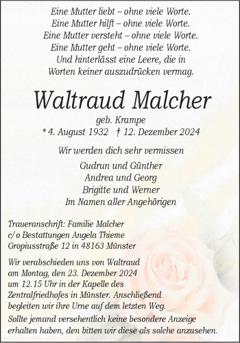 Anzeige von Waltraud Malcher 