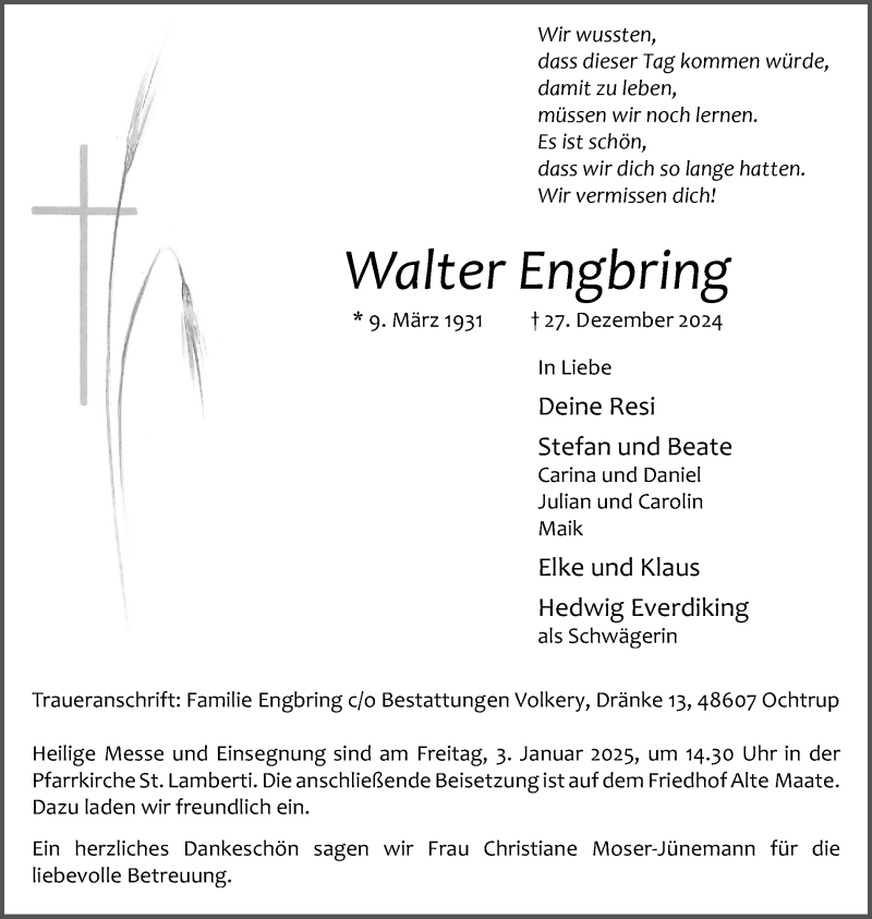  Traueranzeige für Walter Engbring vom 31.12.2024 aus 