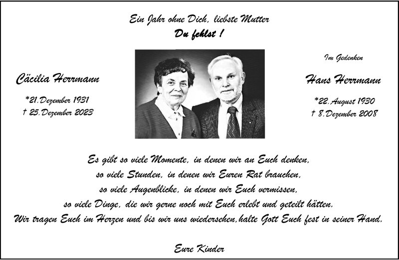  Traueranzeige für Cäcilia Herrmann vom 21.12.2024 aus 