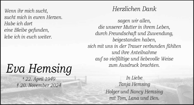  Traueranzeige für Eva Hemsing vom 21.12.2024 aus 