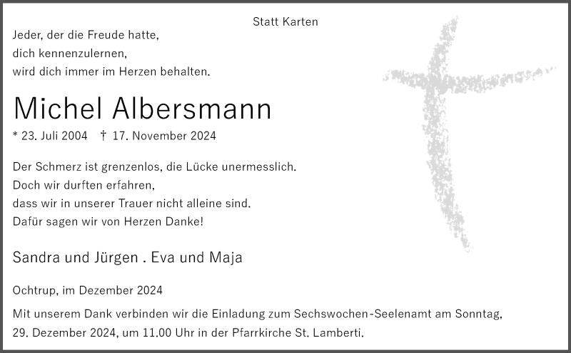  Traueranzeige für Michel Albersmann vom 23.12.2024 aus 