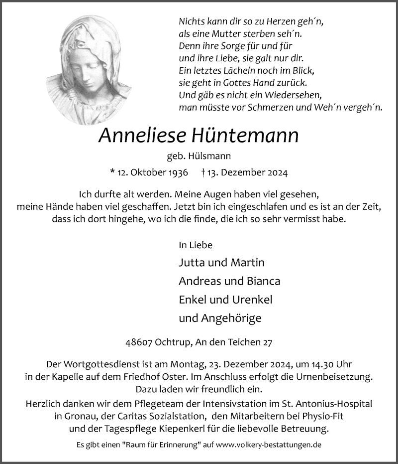  Traueranzeige für Anneliese Hüntemann vom 17.12.2024 aus 