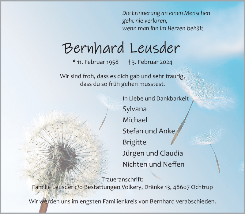  Traueranzeige für Bernhard Leusder vom 09.02.2024 aus 