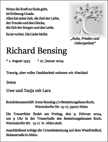 Anzeige von Richard Bensing 