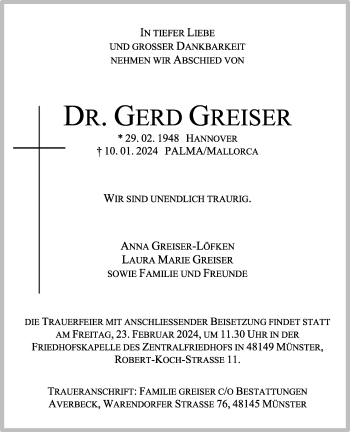 Anzeige von Dr. Gerd Greiser 