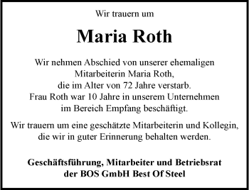 Anzeige von Maria Roth 