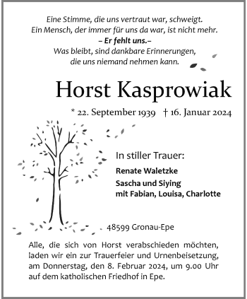 Anzeige von Horst Kasprowiak 