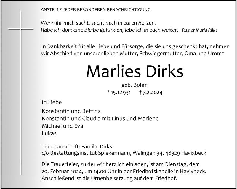  Traueranzeige für Marlies Dirks vom 10.02.2024 aus 