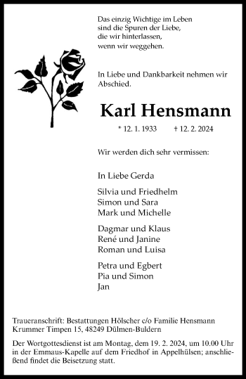 Anzeige von Karl Hensmann 