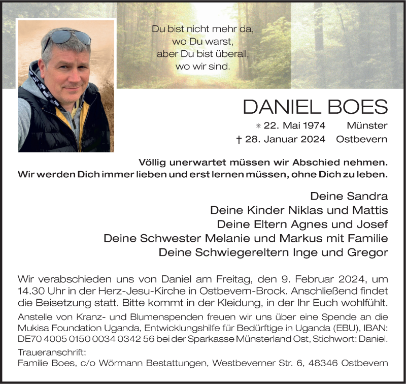  Traueranzeige für Daniel Boes vom 03.02.2024 aus 