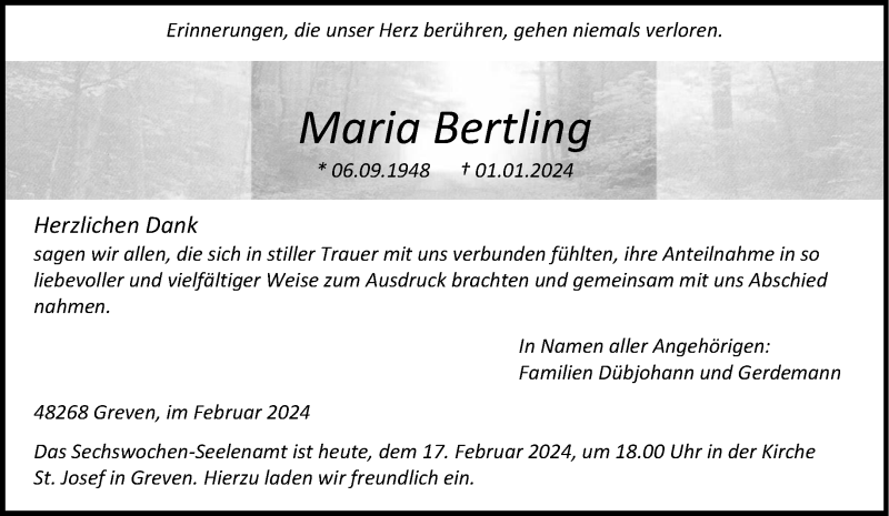  Traueranzeige für Maria Bertling vom 17.02.2024 aus 