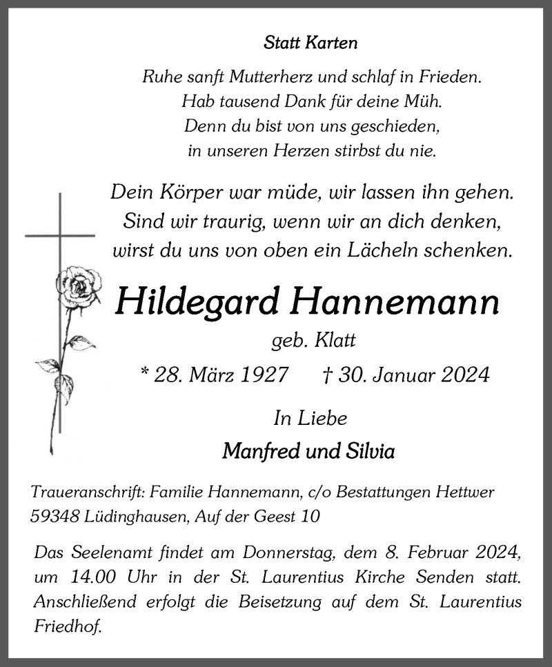  Traueranzeige für Hildegard Hannemann vom 03.02.2024 aus 