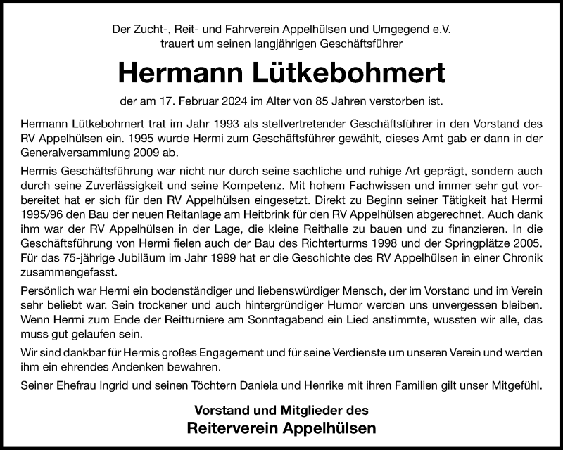  Traueranzeige für Hermann Lütkebohmert vom 28.02.2024 aus 