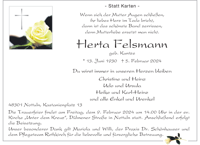  Traueranzeige für Herta Felsmann vom 08.02.2024 aus 