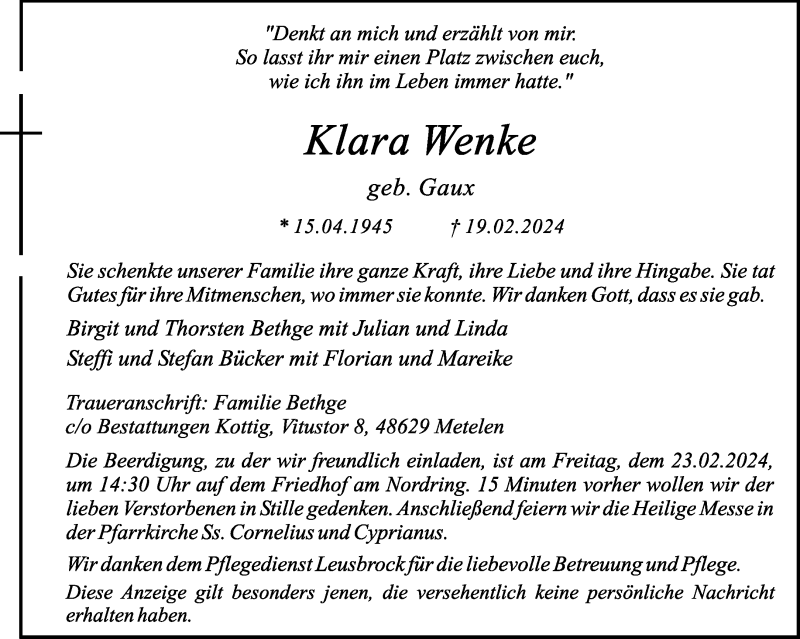  Traueranzeige für Klara Wenke vom 21.02.2024 aus 