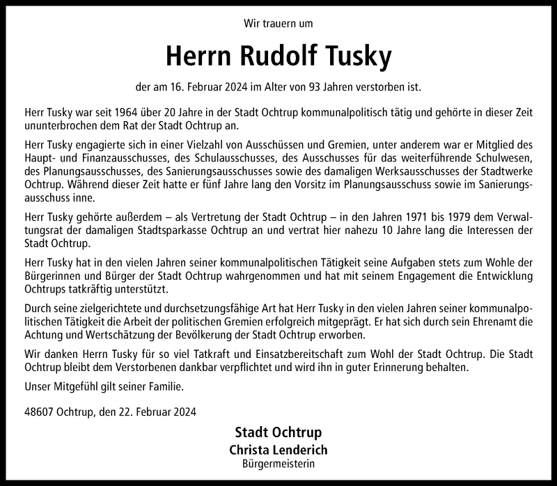  Traueranzeige für Rudolf Tusky vom 22.02.2024 aus 