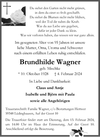 Anzeige von Brundhilde Wagner 