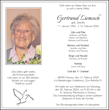 Anzeige von Gertraud Lienesch 