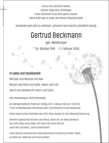 Anzeige von Gertrud Beckmann 