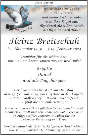 Anzeige von Heinz Breitschuh 