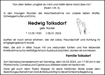 Anzeige von Hedwig Tolksdorf 