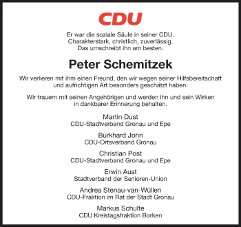 Anzeige von Peter Schemitzek 