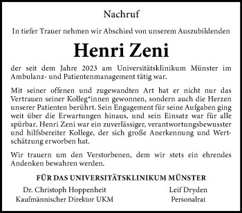 Anzeige von Henri Zeni 