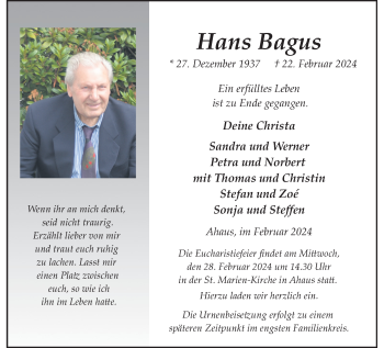 Anzeige von Hans Bagus 