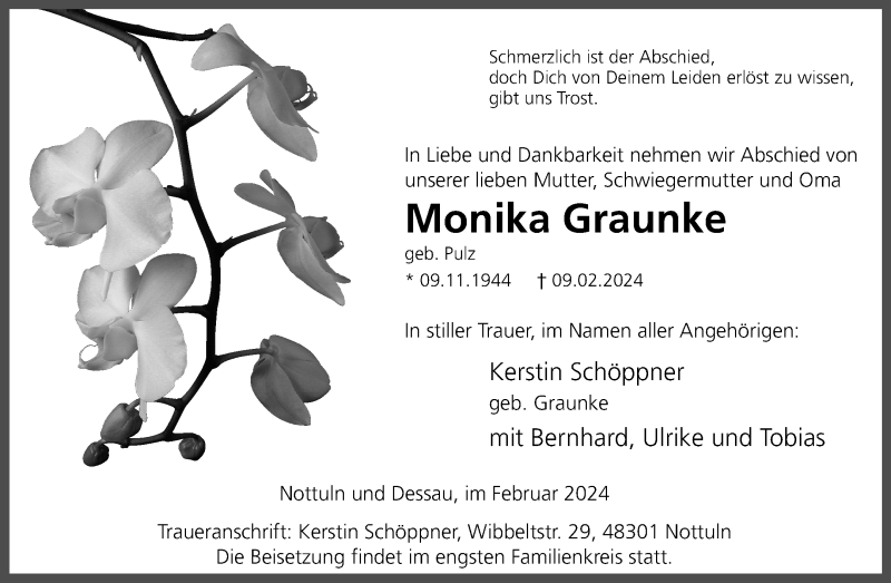  Traueranzeige für Monika Graunke vom 13.02.2024 aus 