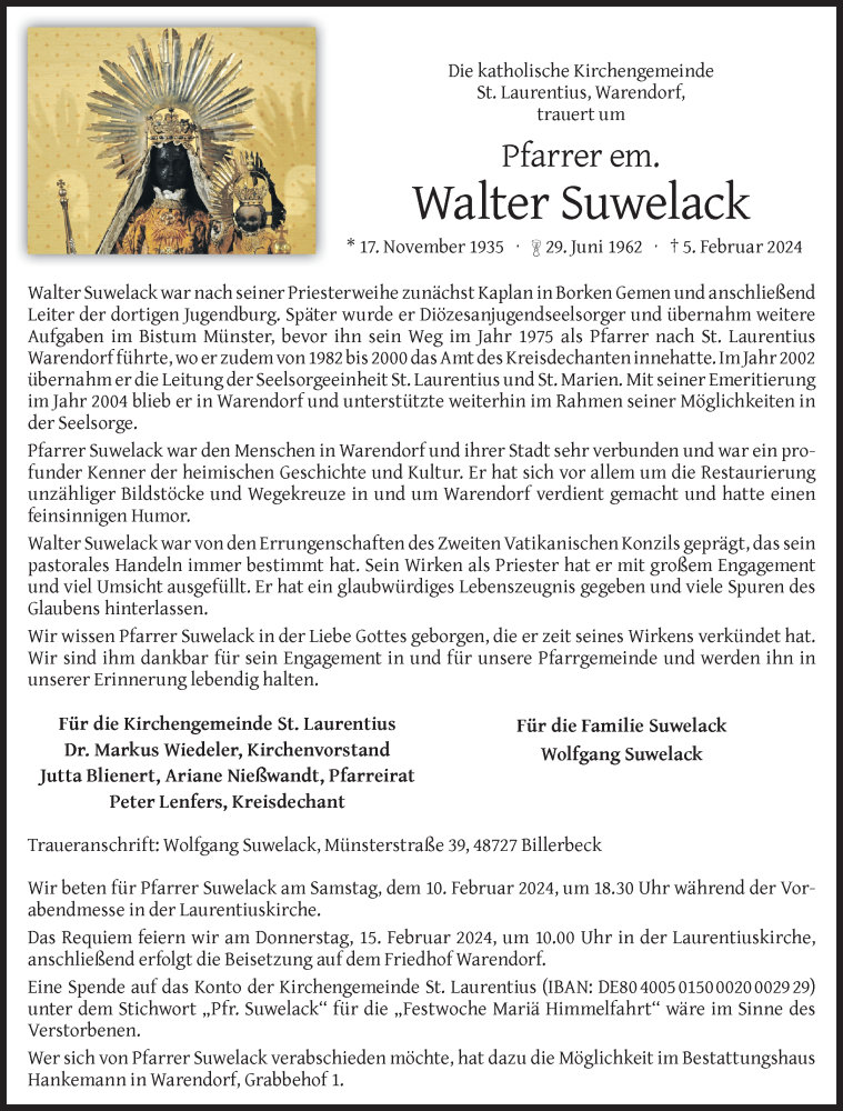  Traueranzeige für Walter Suwelack vom 10.02.2024 aus 